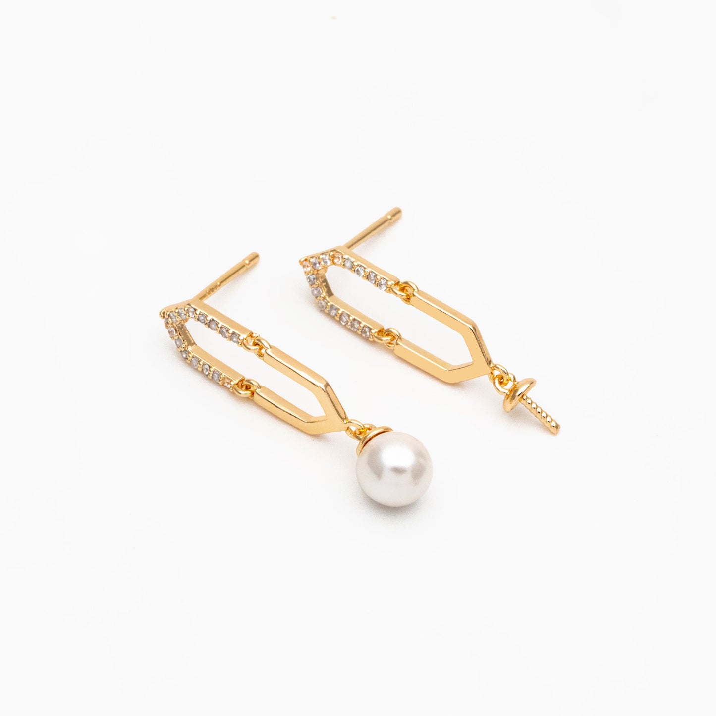 4pcs CZ Pave Gold Long Hexagon Earrings, Pearl Earring Mounts, Half Drilled Pearls Earring Settings (#GB-4458)