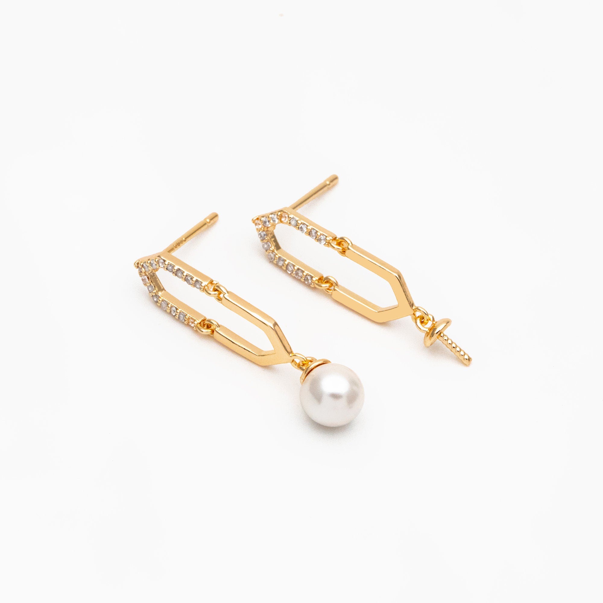 4pcs CZ Pave Gold Long Hexagon Earrings, Pearl Earring Mounts, Half Drilled Pearls Earring Settings (#GB-4458)