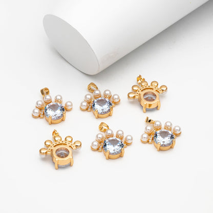 4pcs CZ Pave Gold Round Charms, 18K Gold plated Brass, Faux Pearl Necklace Pendant (GB-4459)