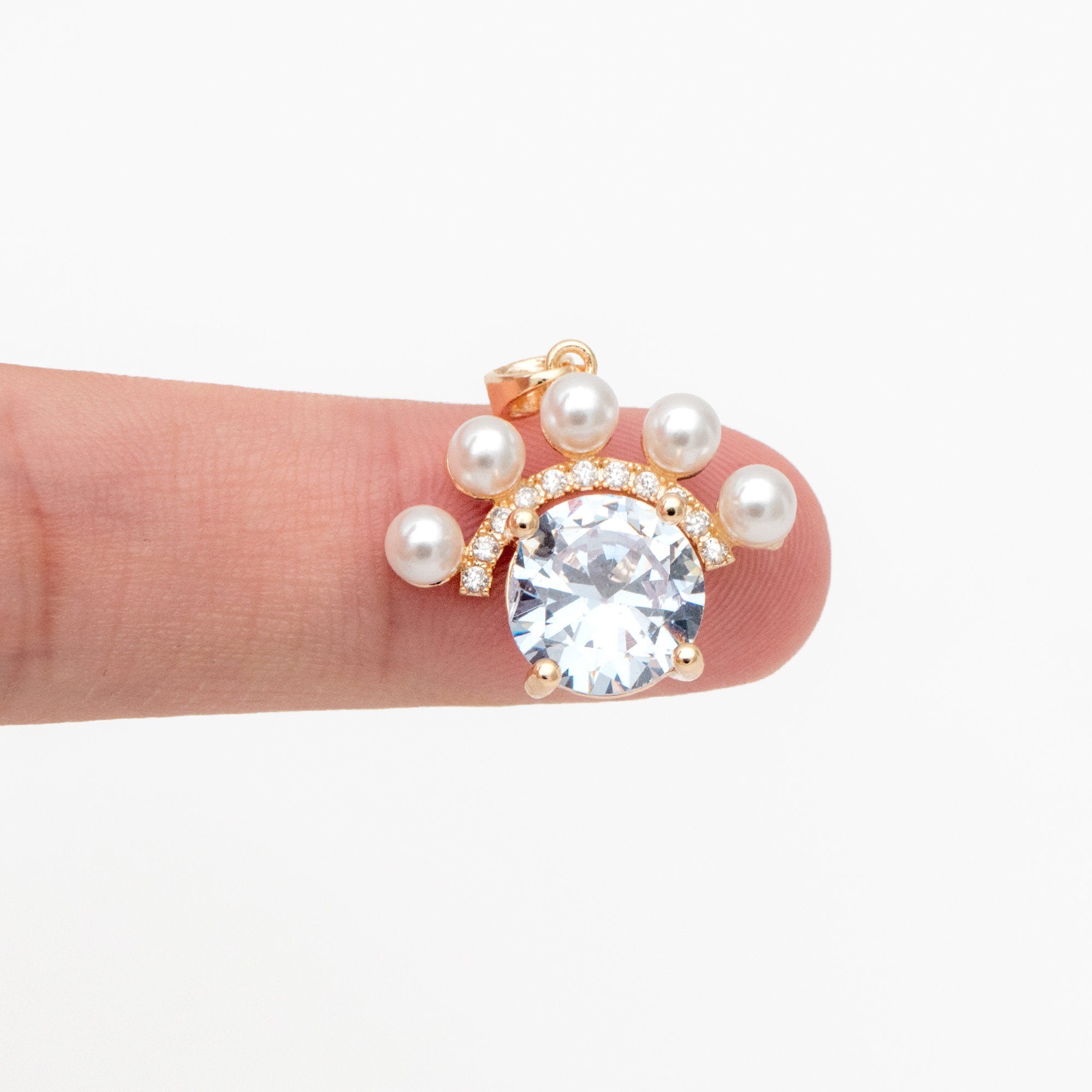 4pcs CZ Pave Gold Round Charms, 18K Gold plated Brass, Faux Pearl Necklace Pendant (GB-4459)