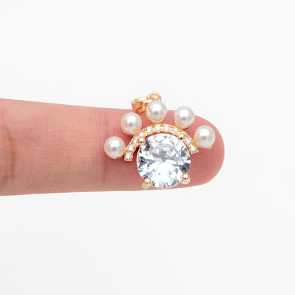 4pcs CZ Pave Gold Round Charms, 18K Gold plated Brass, Faux Pearl Necklace Pendant (GB-4459)
