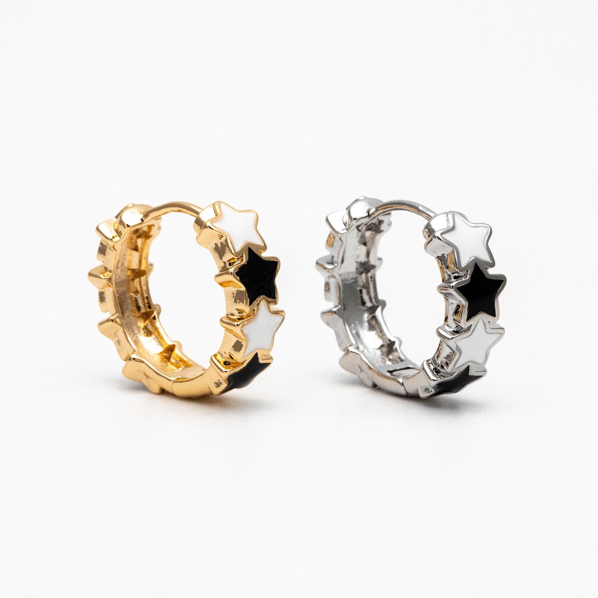 4pcs Gold/ Silver Tone Enamel Star Hoop Earrings, 18K Gold/ Rhodium plated Brass, Minimalist Huggie Earrings (GB-4462)