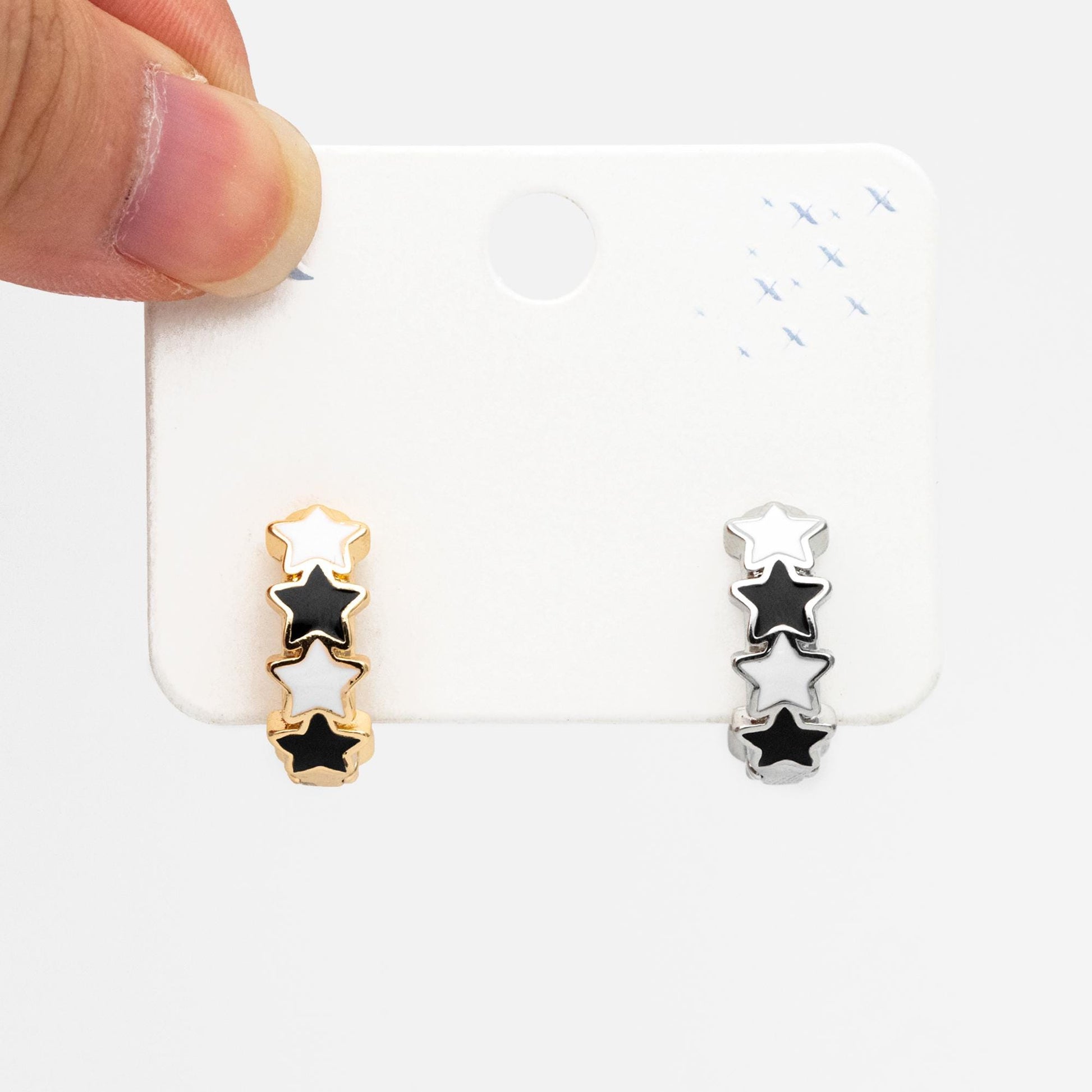 4pcs Gold/ Silver Tone Enamel Star Hoop Earrings, 18K Gold/ Rhodium plated Brass, Minimalist Huggie Earrings (GB-4462)