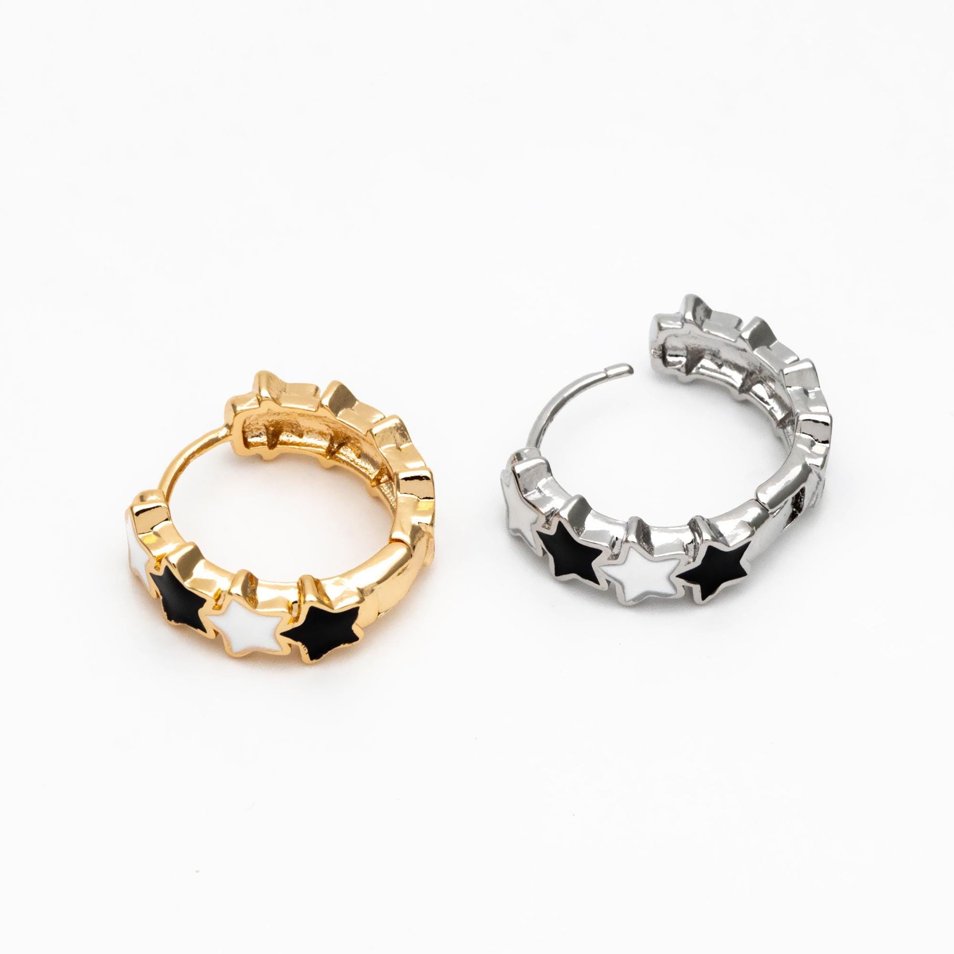 4pcs Gold/ Silver Tone Enamel Star Hoop Earrings, 18K Gold/ Rhodium plated Brass, Minimalist Huggie Earrings (GB-4462)