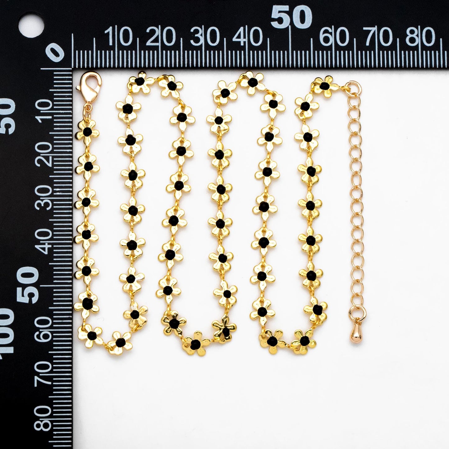 Enamel White/ Black Flower Chain, 18K Gold plated Brass, Adjustable Bracelet/ Anklet/ Necklace with Extender Chain, Ready to Wear (#LK-616)