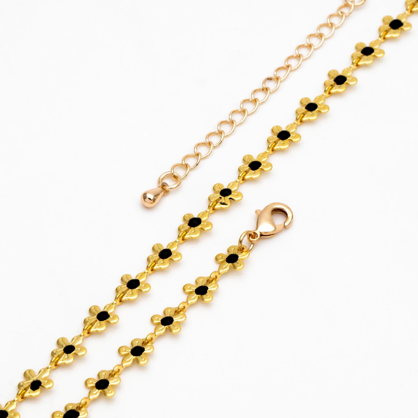 Enamel White/ Black Flower Chain, 18K Gold plated Brass, Adjustable Bracelet/ Anklet/ Necklace with Extender Chain, Ready to Wear (#LK-616)