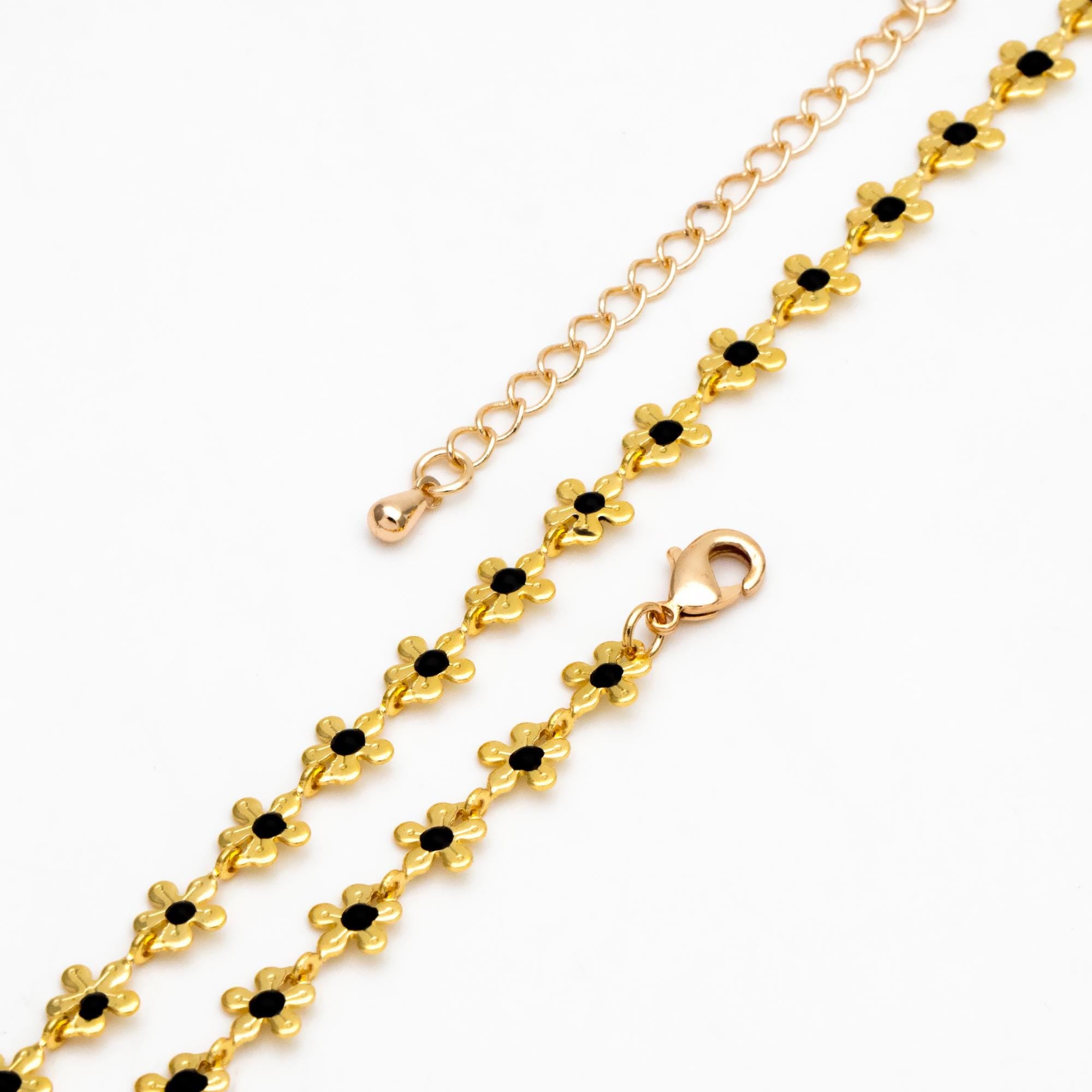 Enamel White/ Black Flower Chain, 18K Gold plated Brass, Adjustable Bracelet/ Anklet/ Necklace with Extender Chain, Ready to Wear (#LK-616)