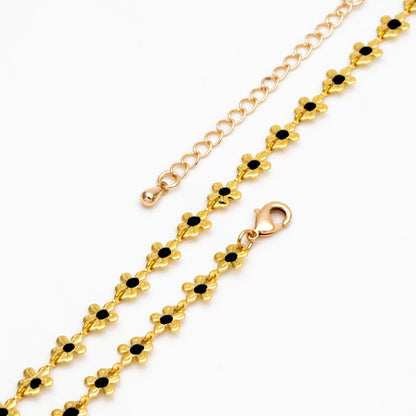 Enamel White/ Black Flower Chain, 18K Gold plated Brass, Adjustable Bracelet/ Anklet/ Necklace with Extender Chain, Ready to Wear (#LK-616)