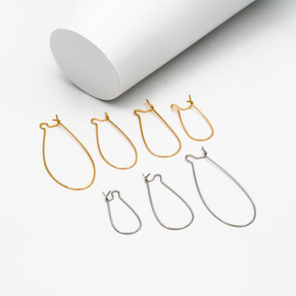 20pcs Gold/ Silver tone Kidney Ear Wires, 18K Gold/ Rhodium plated Brass Hoop Earrings 25/ 30/ 36/ 45mm (GB-253)