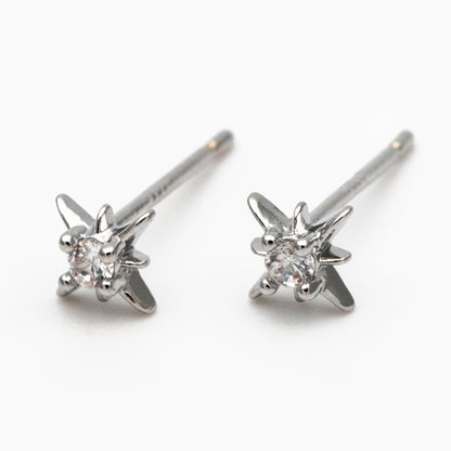 10pcs CZ Pave North Star Ear Posts, 6mm, Real Gold/ Rhodium Plated Brass Star Stud Earrings (#GB-3041-C)