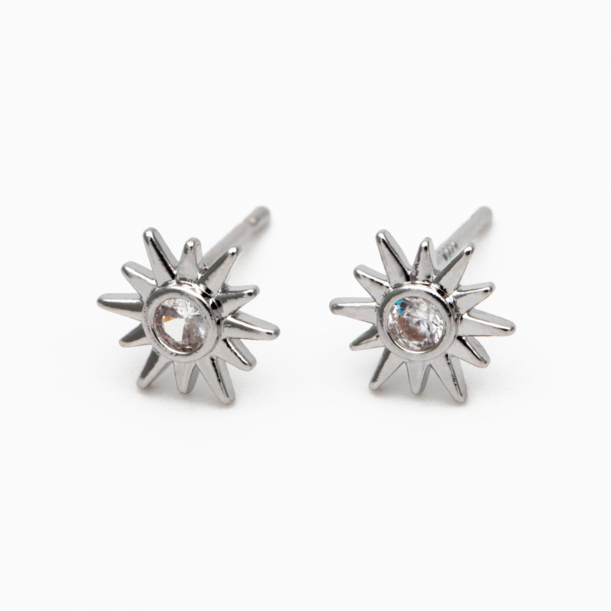 10pcs CZ Pave Gold Sun Ear Posts 8x7mm, Real Gold/ Rhodium Plated Brass Stud Earrings (#GB-3041-J)