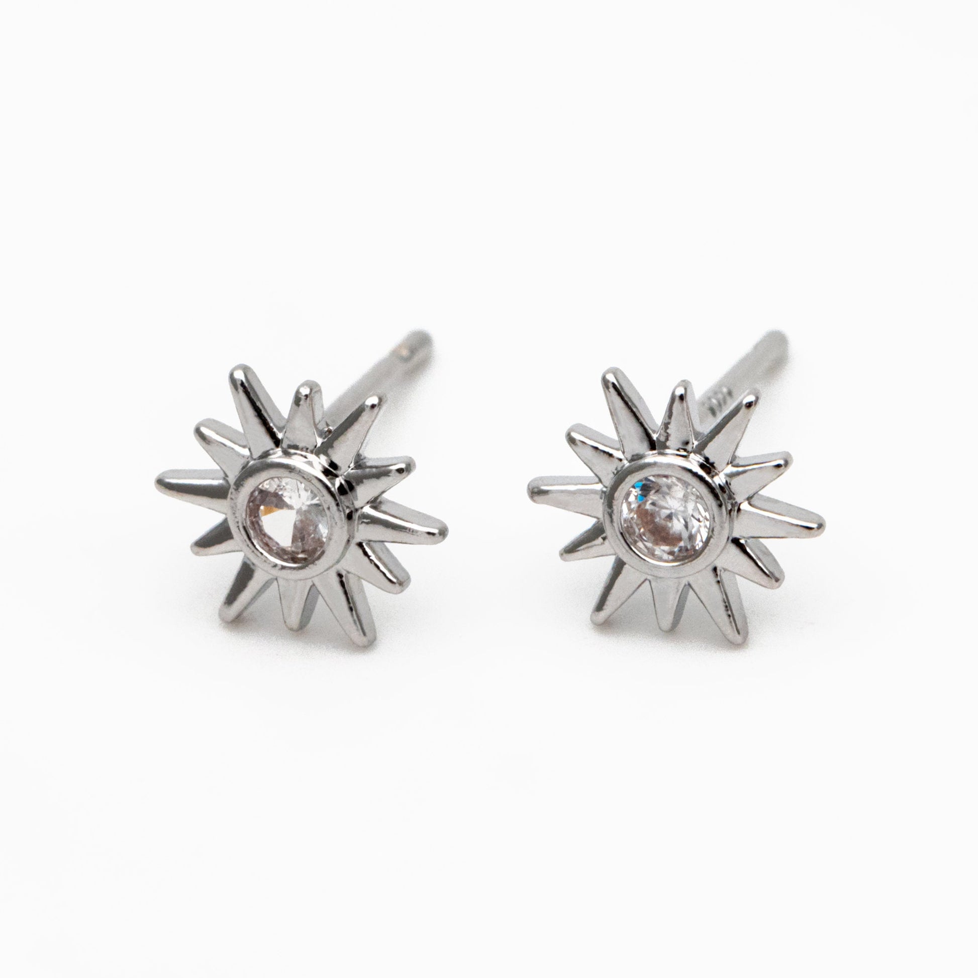 10pcs CZ Pave Gold Sun Ear Posts 8x7mm, Real Gold/ Rhodium Plated Brass Stud Earrings (#GB-3041-J)