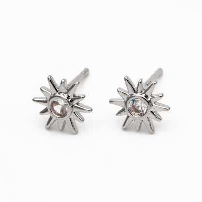 10pcs CZ Pave Gold Sun Ear Posts 8x7mm, Real Gold/ Rhodium Plated Brass Stud Earrings (#GB-3041-J)