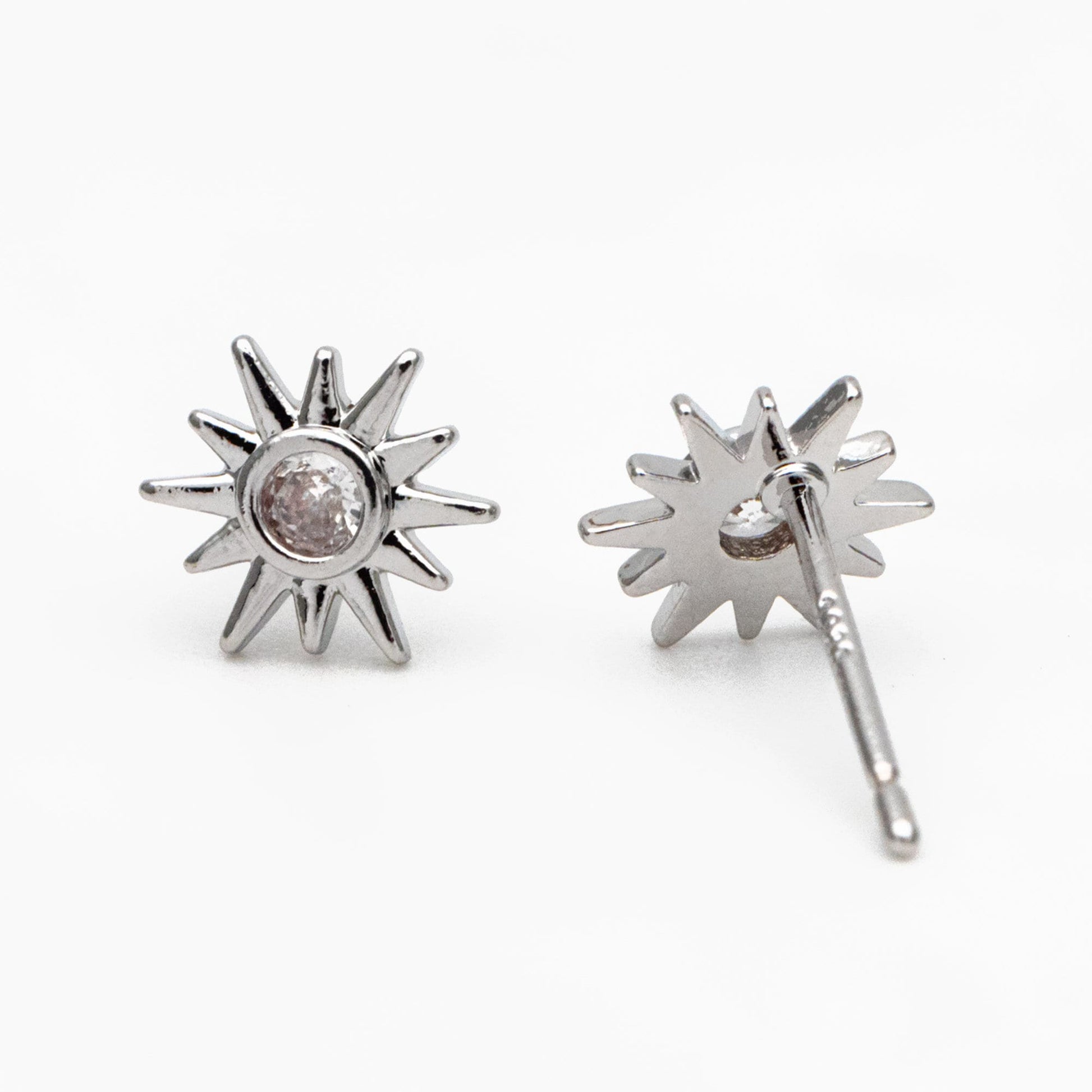 10pcs CZ Pave Gold Sun Ear Posts 8x7mm, Real Gold/ Rhodium Plated Brass Stud Earrings (#GB-3041-J)