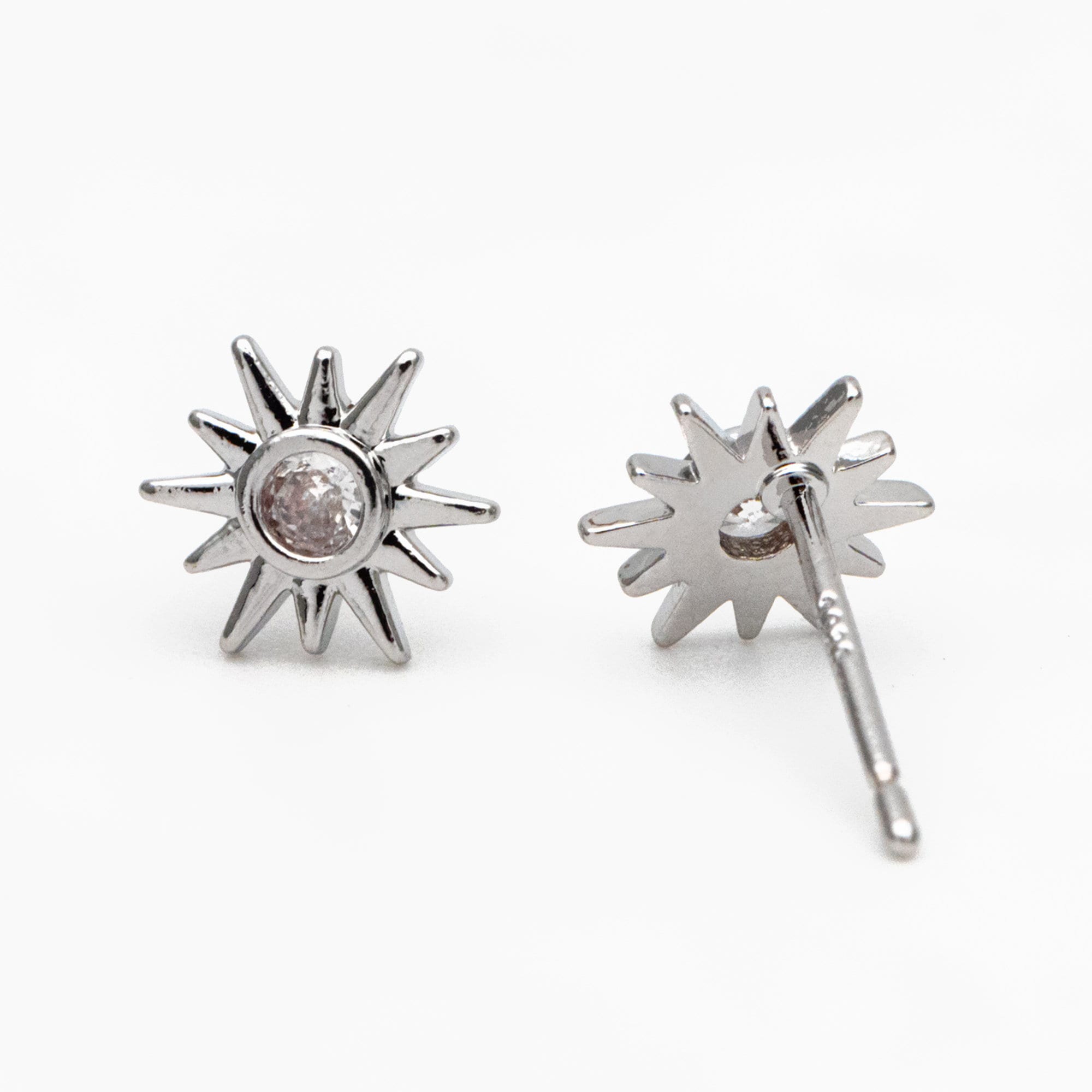 10pcs CZ Pave Gold Sun Ear Posts 8x7mm, Real Gold/ Rhodium Plated Brass Stud Earrings (#GB-3041-J)