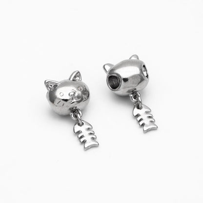 4pcs Gold/ Silver Cat and Fish Bone Bracelet Charms, 18K Gold/ Rhodium plated Brass, Dainty Cute Charms (GB-4468)
