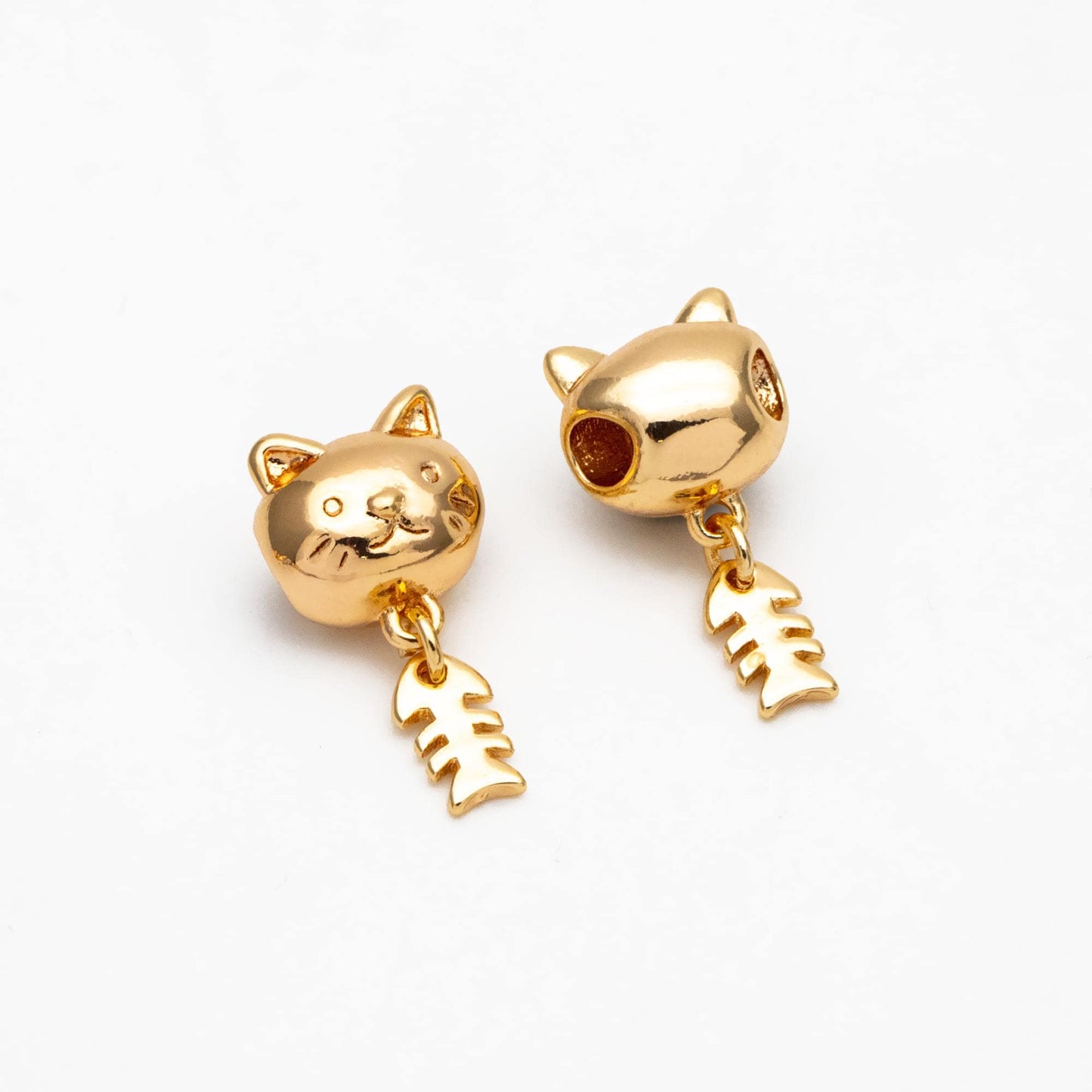 4pcs Gold/ Silver Cat and Fish Bone Bracelet Charms, 18K Gold/ Rhodium plated Brass, Dainty Cute Charms (GB-4468)