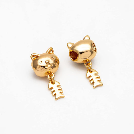 4pcs Gold/ Silver Cat and Fish Bone Bracelet Charms, 18K Gold/ Rhodium plated Brass, Dainty Cute Charms (GB-4468)