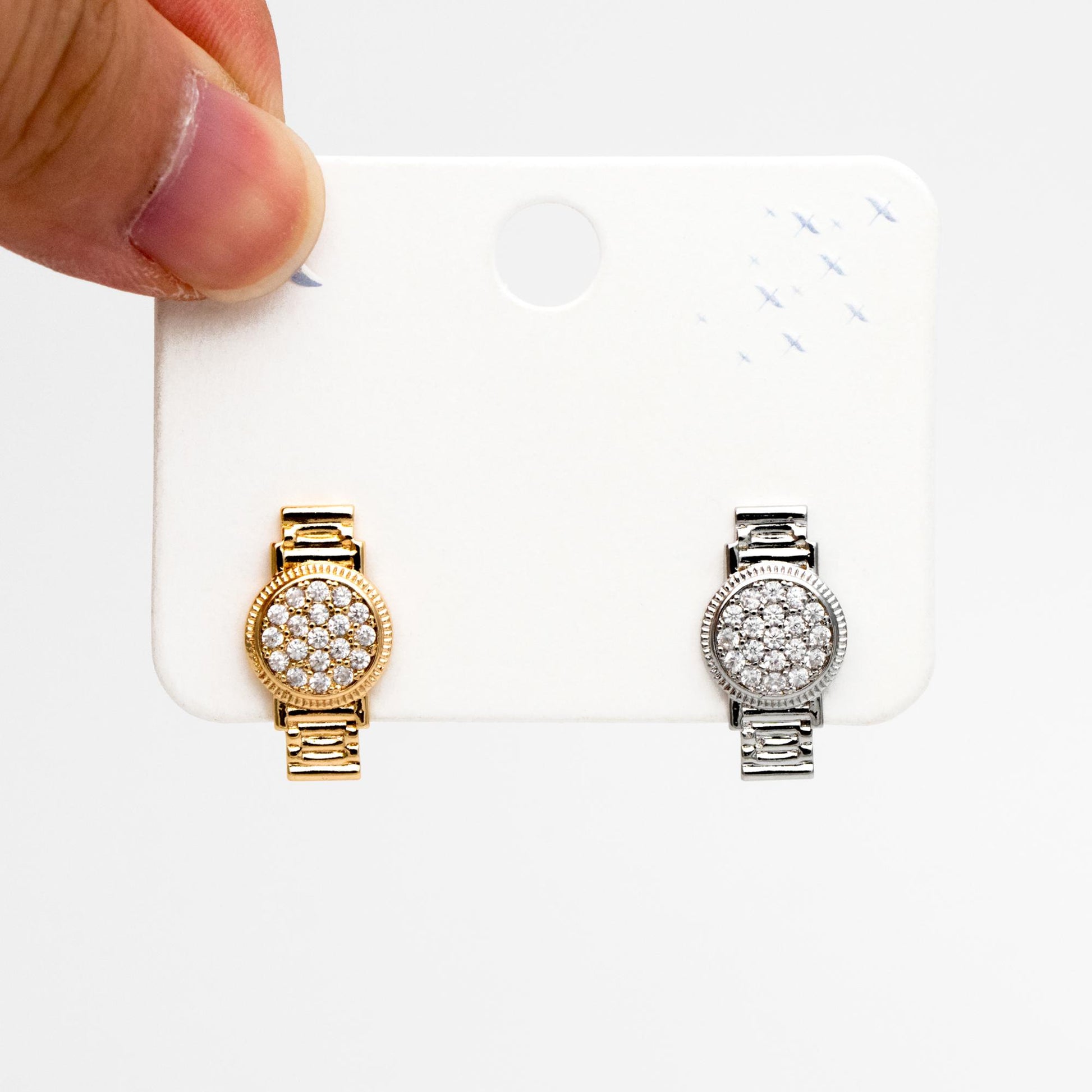 4pcs CZ Pave Gold/ Silver Watch Earrings, 18K Real Gold/ Rhodium Plated Brass, Dainty Stud Earrings (GB-4480)