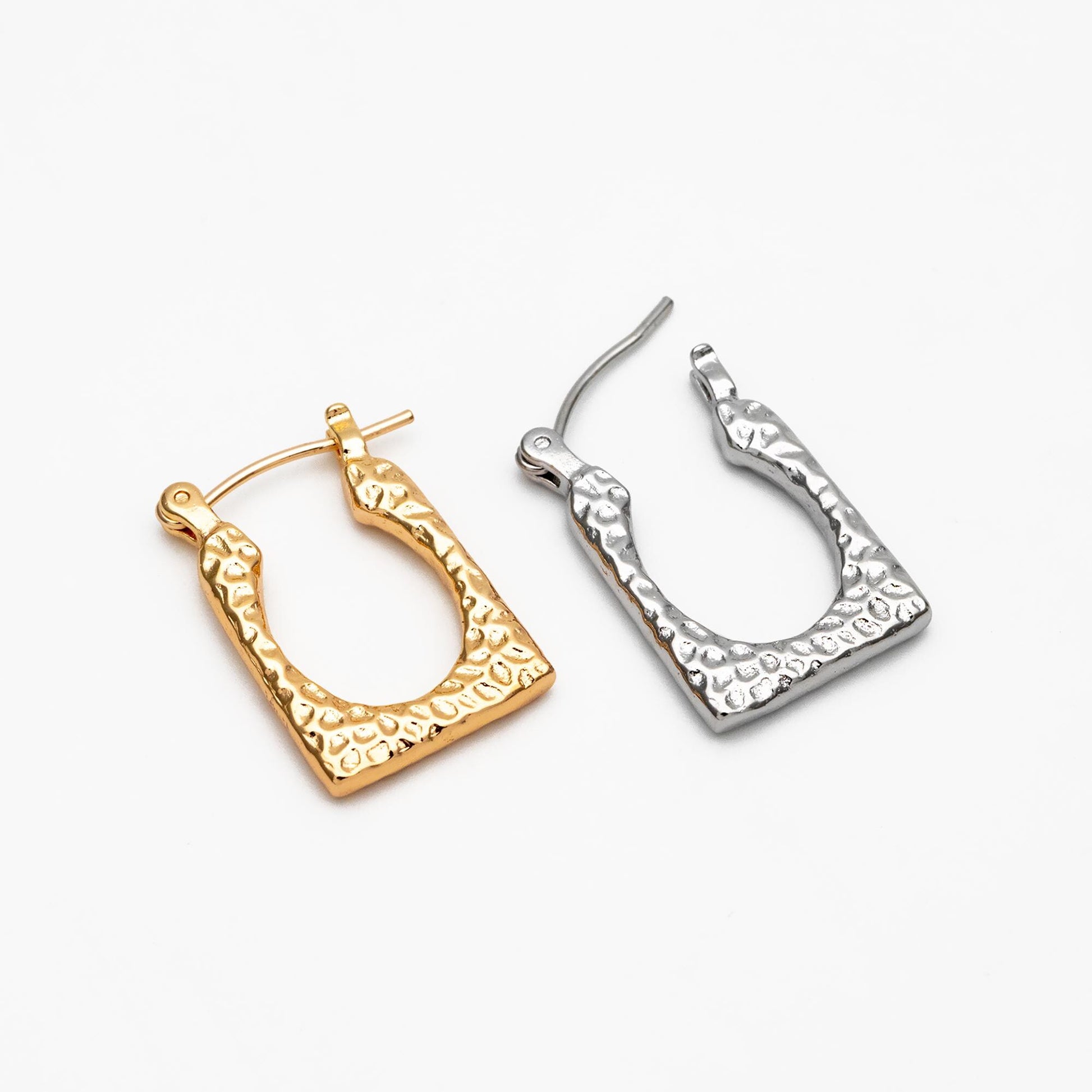 4pcs Gold/ Silver Tone Rectangle Earrings, 18K Gold/ Rhodium plated Brass, Hammered Hoop Earrings (#GB-4485)
