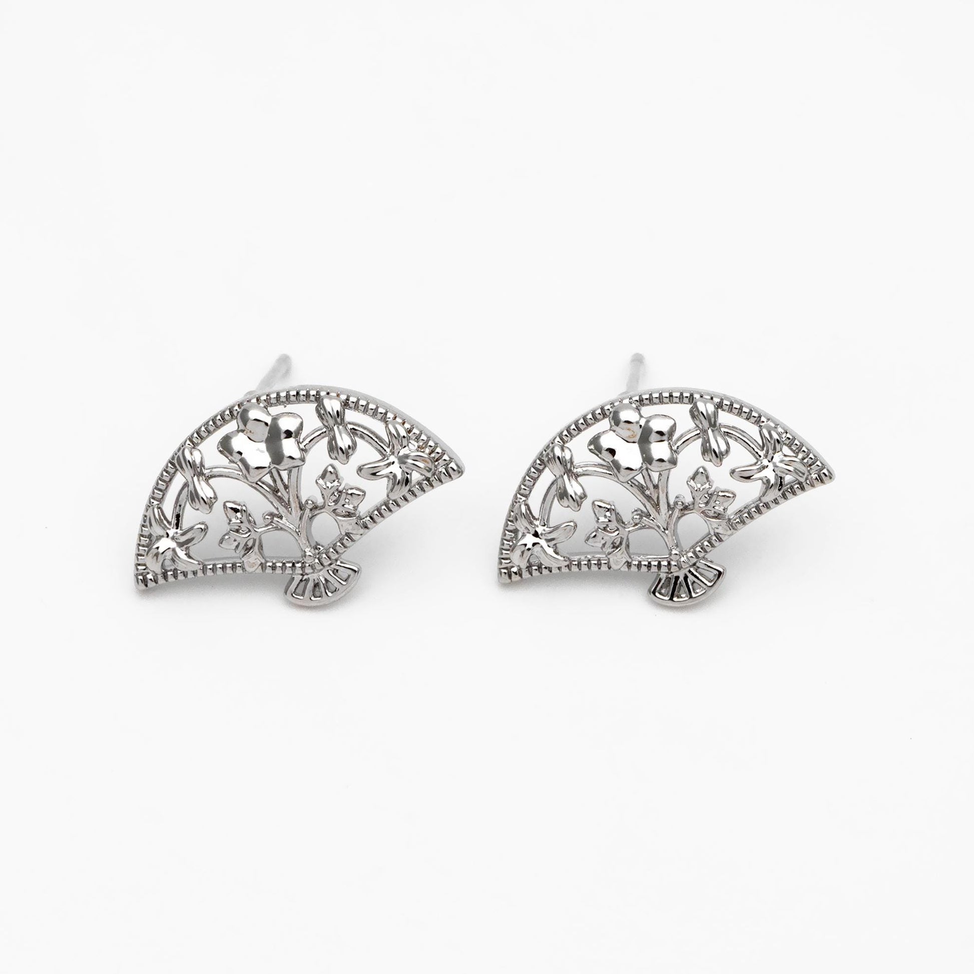 10pcs Gold/ Silver Tone Fan Shape Earrings, Gold/ Rhodium Plated Brass, Flower Fan Stud Earrings (#GB-4486)