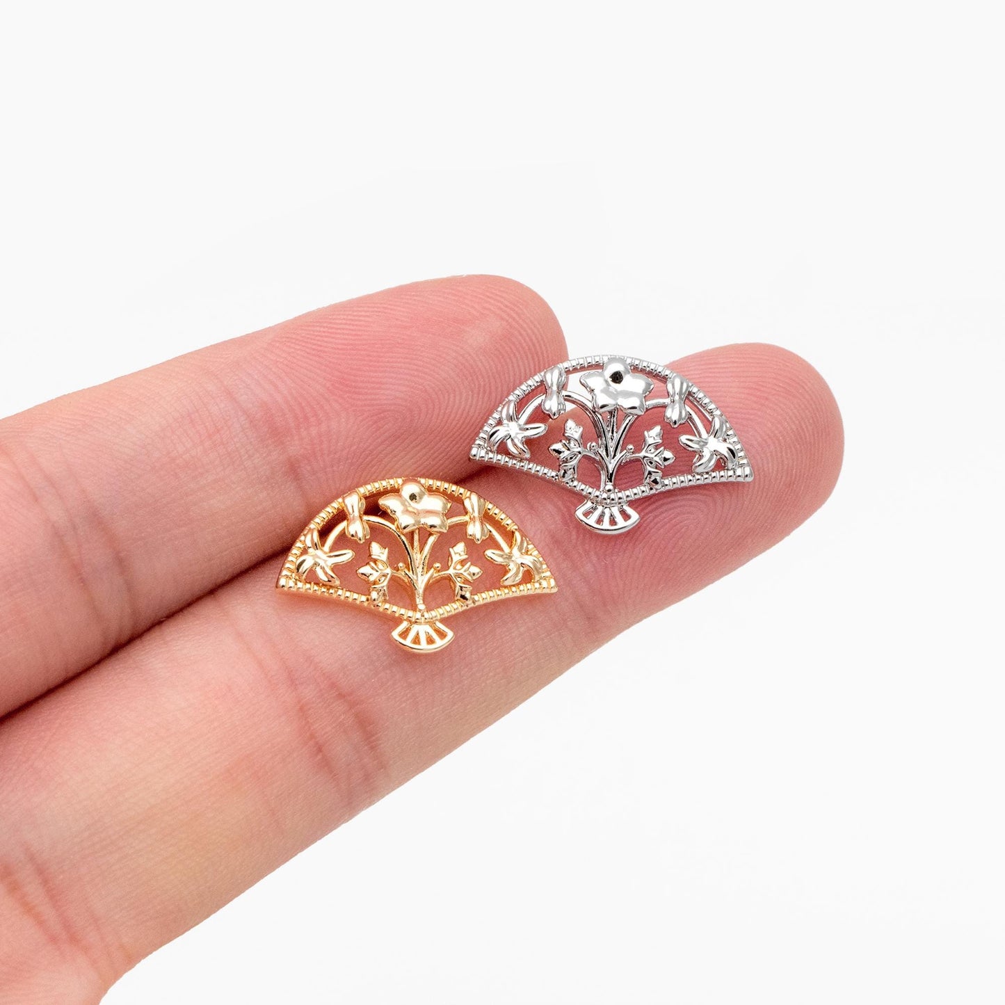 10pcs Gold/ Silver Tone Fan Shape Earrings, Gold/ Rhodium Plated Brass, Flower Fan Stud Earrings (#GB-4486)
