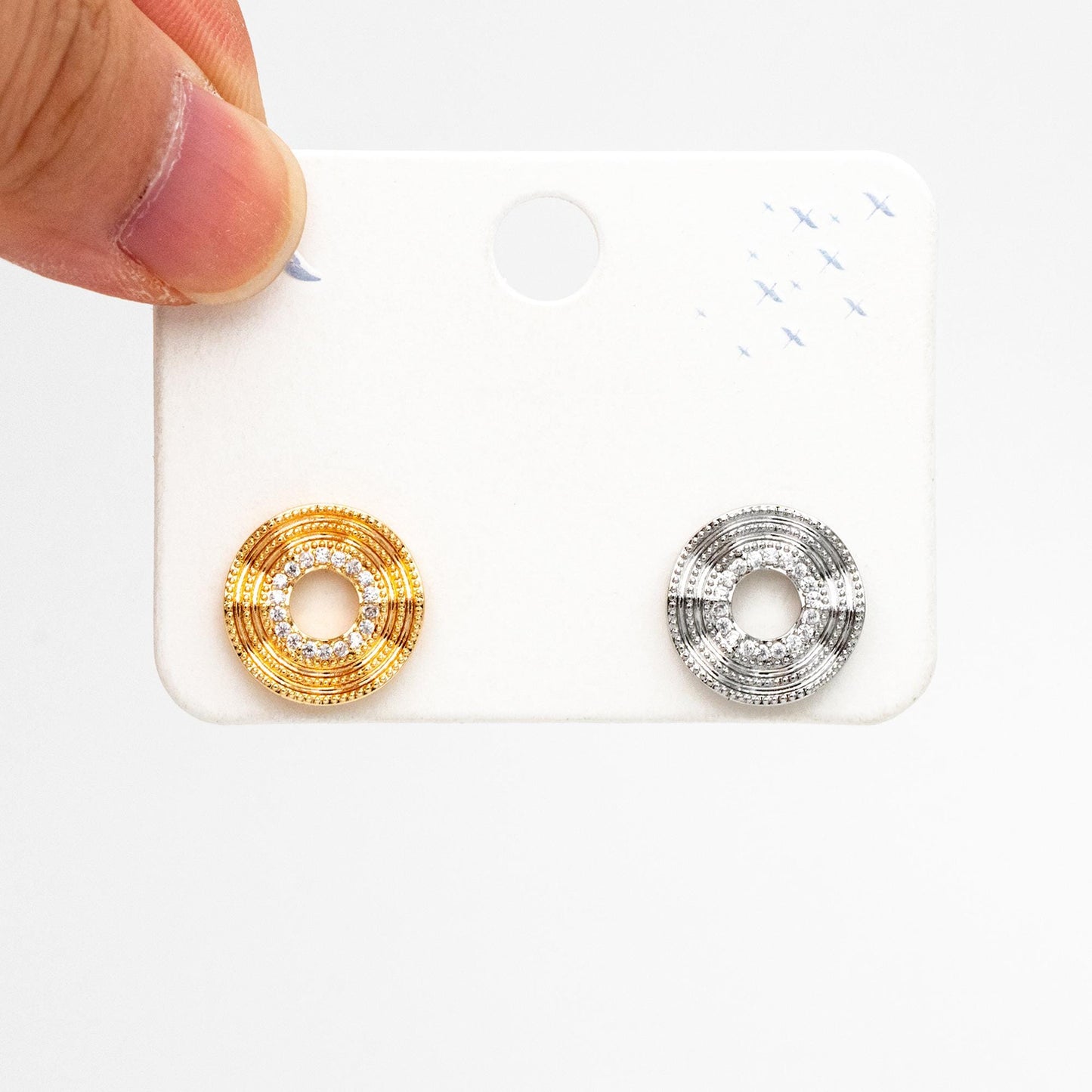 4pcs CZ Pave Gold/ Silver Tone Round Wave Earrings 14mm, Gold/ Rhodium Plated Brass Dainty Stud Earrings (GB-4487)