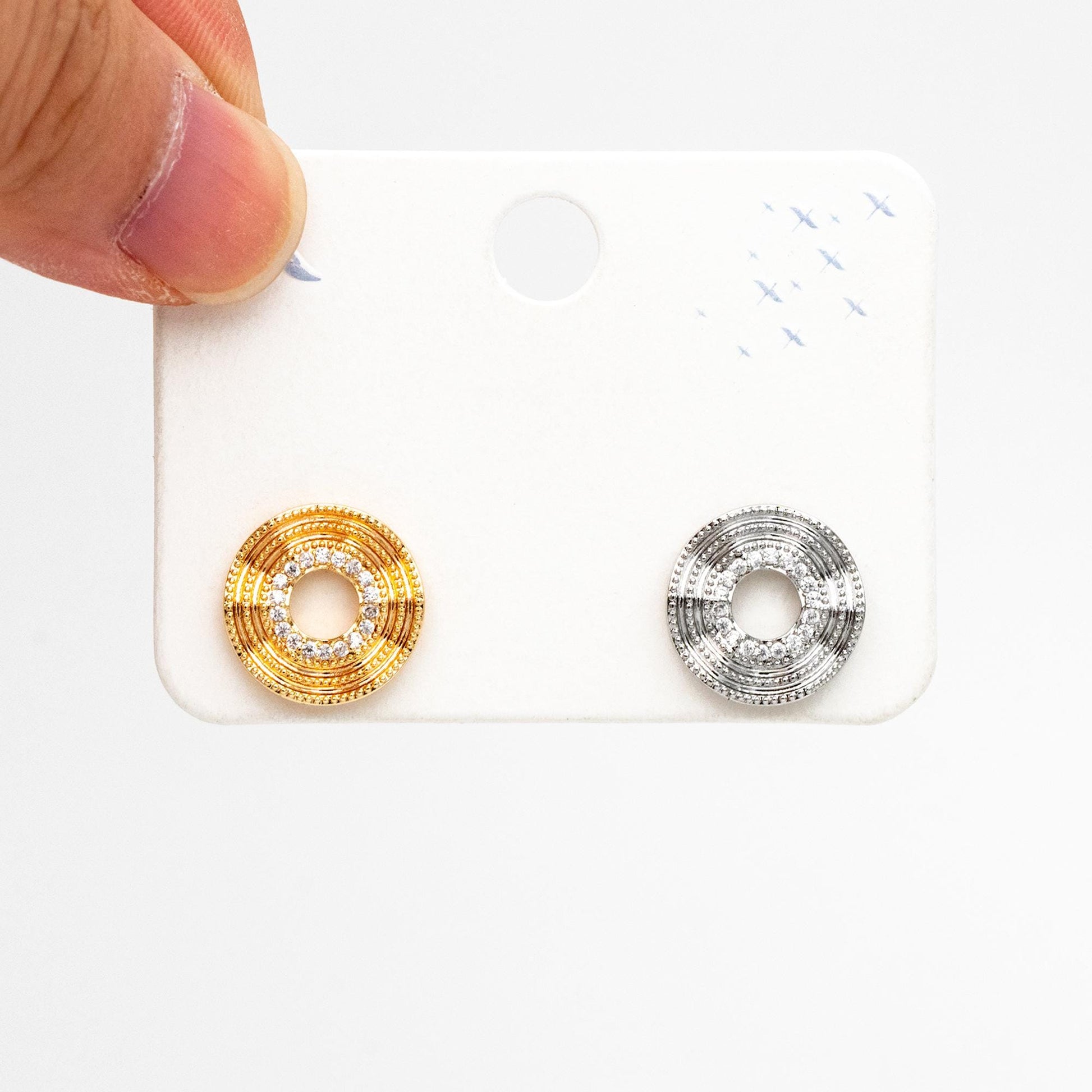 4pcs CZ Pave Gold/ Silver Tone Round Wave Earrings 14mm, Gold/ Rhodium Plated Brass Dainty Stud Earrings (GB-4487)