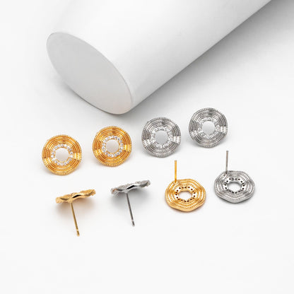 4pcs CZ Pave Gold/ Silver Tone Round Wave Earrings 14mm, Gold/ Rhodium Plated Brass Dainty Stud Earrings (GB-4487)