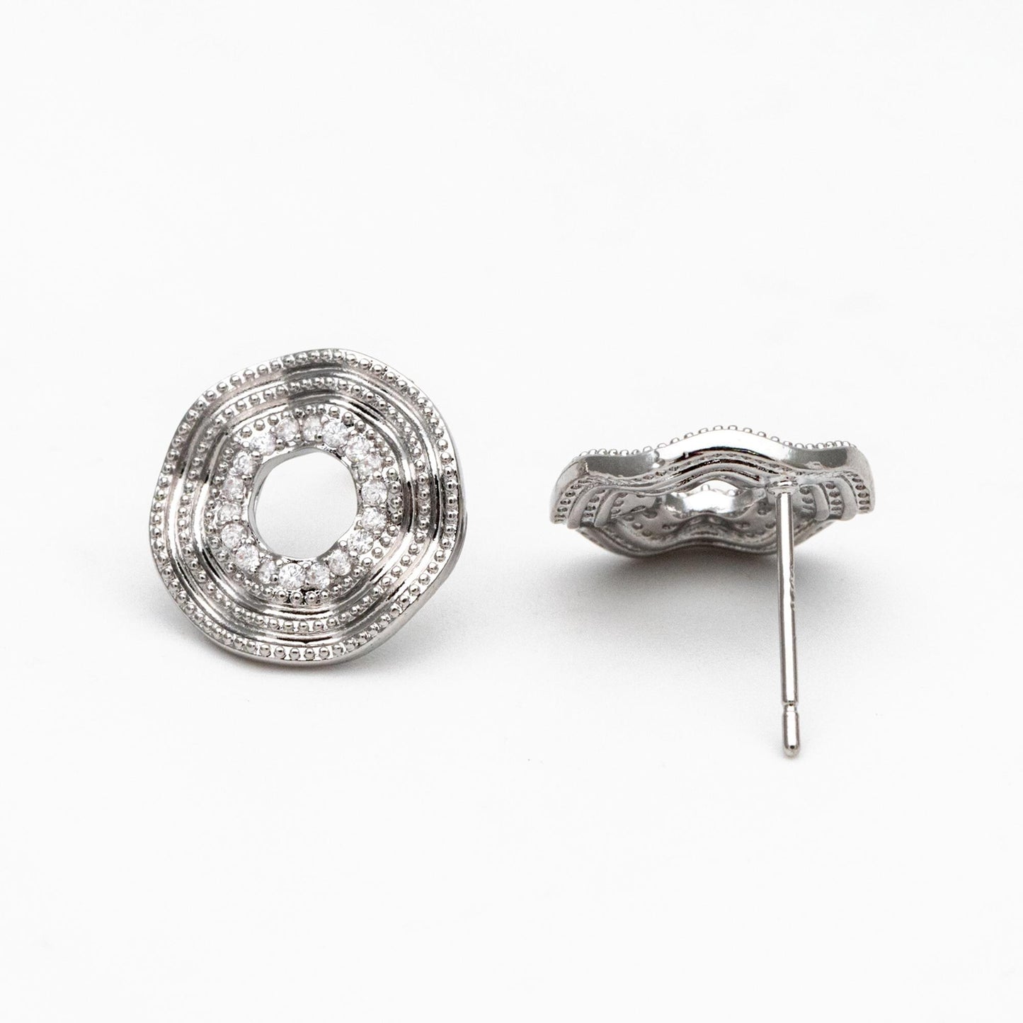 4pcs CZ Pave Gold/ Silver Tone Round Wave Earrings 14mm, Gold/ Rhodium Plated Brass Dainty Stud Earrings (GB-4487)