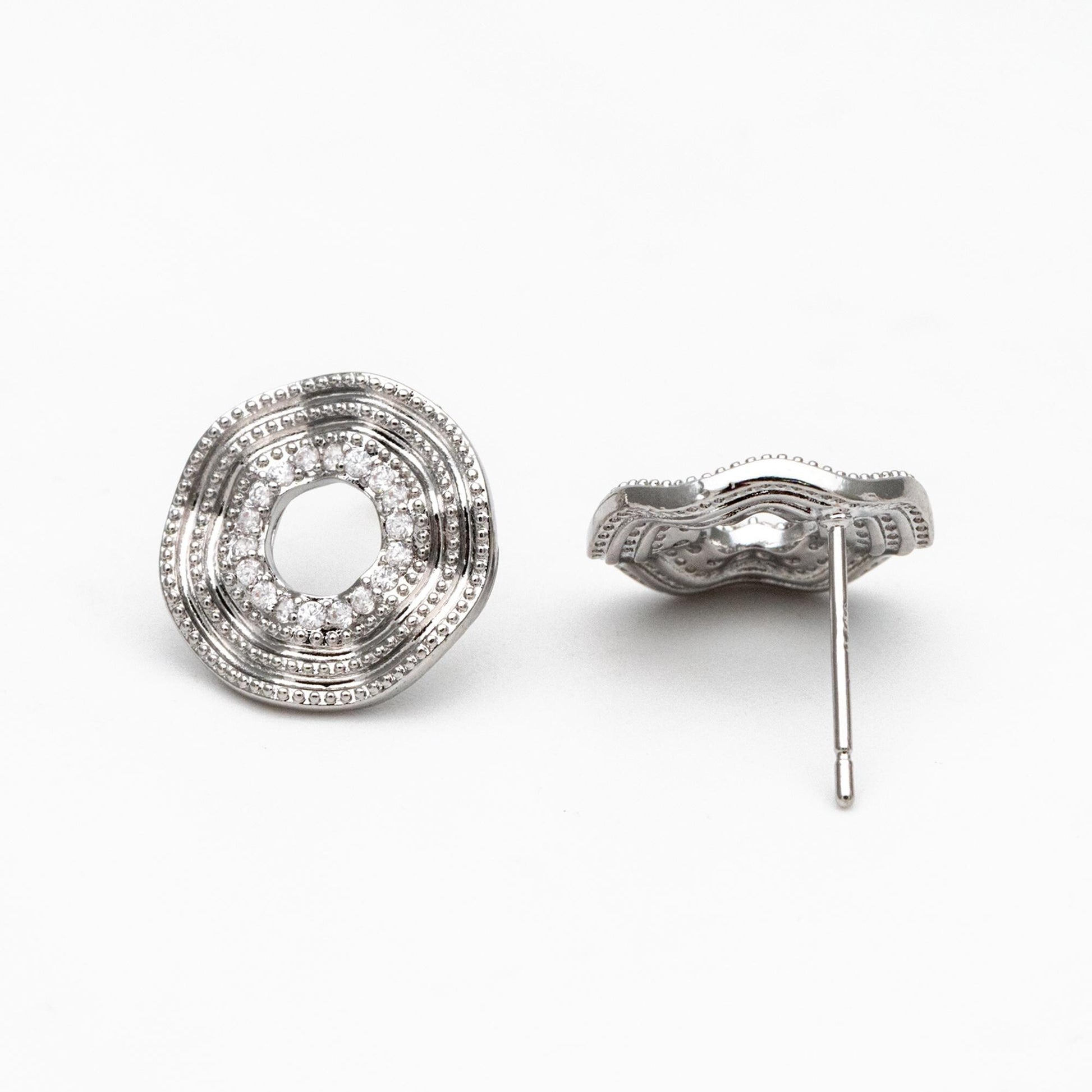 4pcs CZ Pave Gold/ Silver Tone Round Wave Earrings 14mm, Gold/ Rhodium Plated Brass Dainty Stud Earrings (GB-4487)