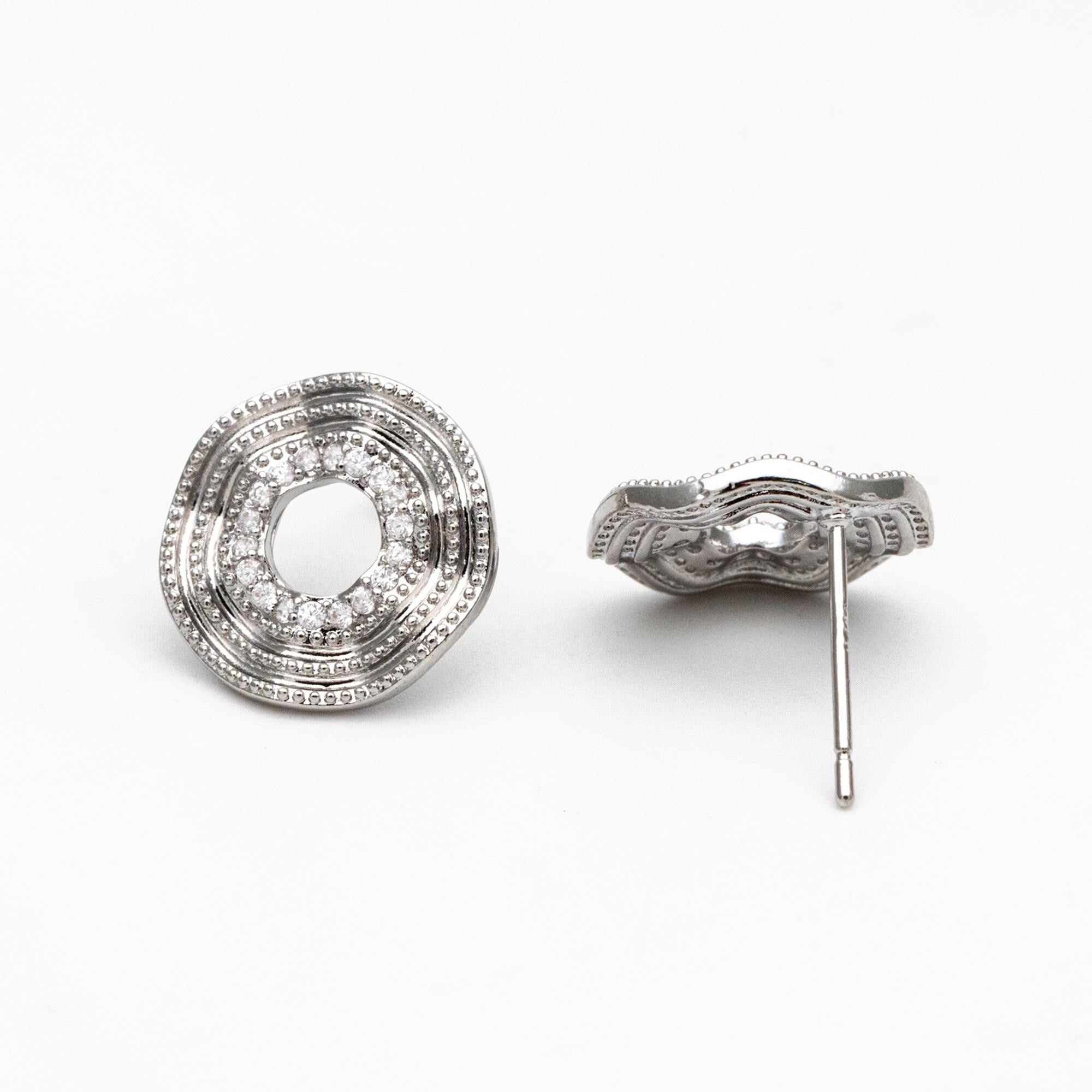 4pcs CZ Pave Gold/ Silver Tone Round Wave Earrings 14mm, Gold/ Rhodium Plated Brass Dainty Stud Earrings (GB-4487)