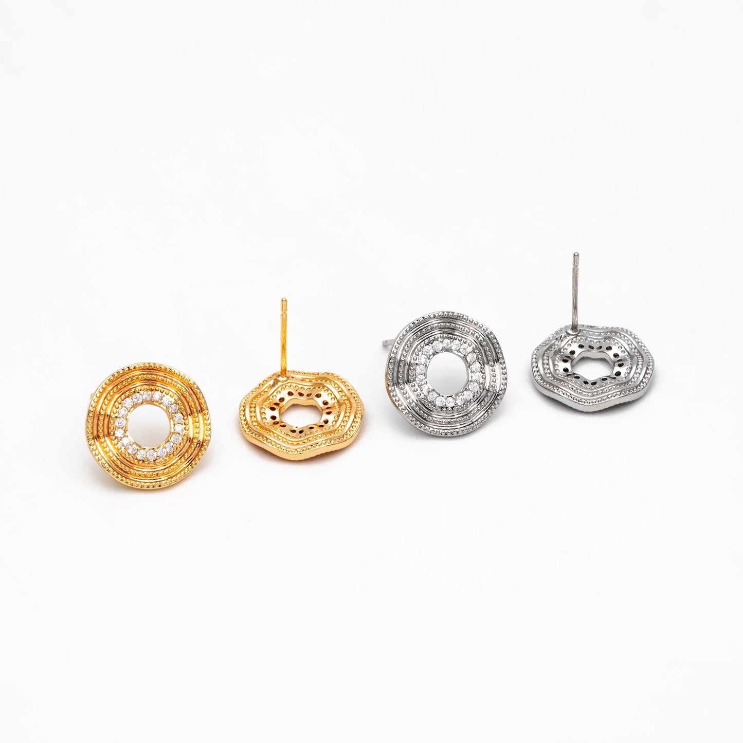4pcs CZ Pave Gold/ Silver Tone Round Wave Earrings 14mm, Gold/ Rhodium Plated Brass Dainty Stud Earrings (GB-4487)