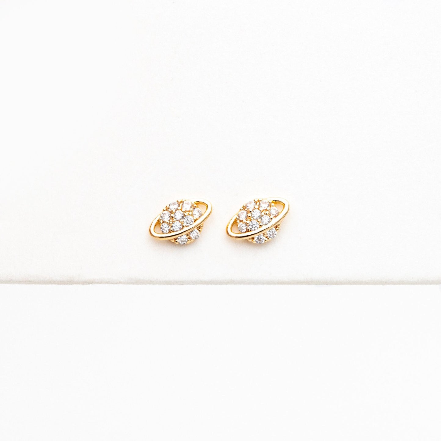 4pcs CZ Pave Gold Saturn Earrings, Real Gold Plated Brass, Minimalist Stud Earrings (#GB-4452)