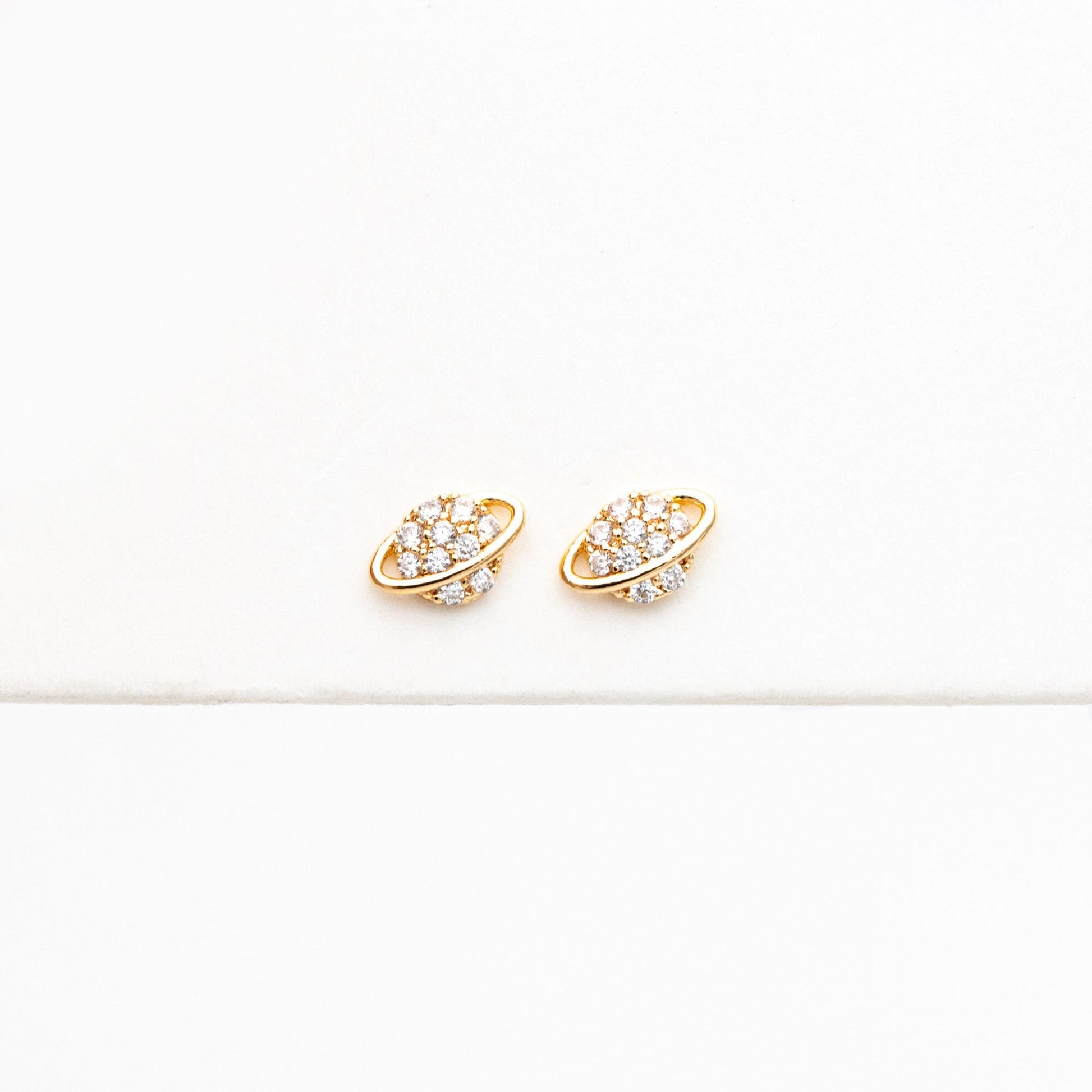 4pcs CZ Pave Gold Saturn Earrings, Real Gold Plated Brass, Minimalist Stud Earrings (#GB-4452)