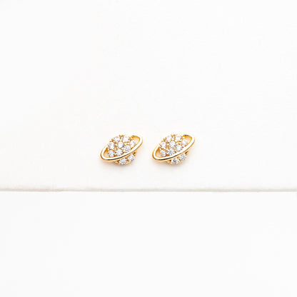 4pcs CZ Pave Gold Saturn Earrings, Real Gold Plated Brass, Minimalist Stud Earrings (#GB-4452)