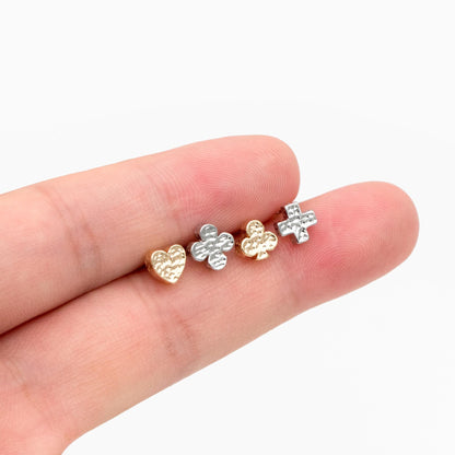 10pcs Gold/ Silver Tone Hammered Heart/ Clover/ Club/ Cross Earrings, Real Gold/ Rhodium Plated Brass Minimalist Stud Earrings (GB-4481)
