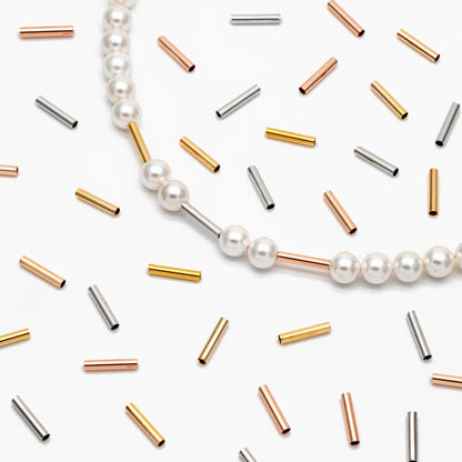 50pcs Gold/ Silver/ Rose Gold Straight Tube Beads 10x2mm , Real Gold/ Rhodium plated Brass Tube Spacers (GB-274)