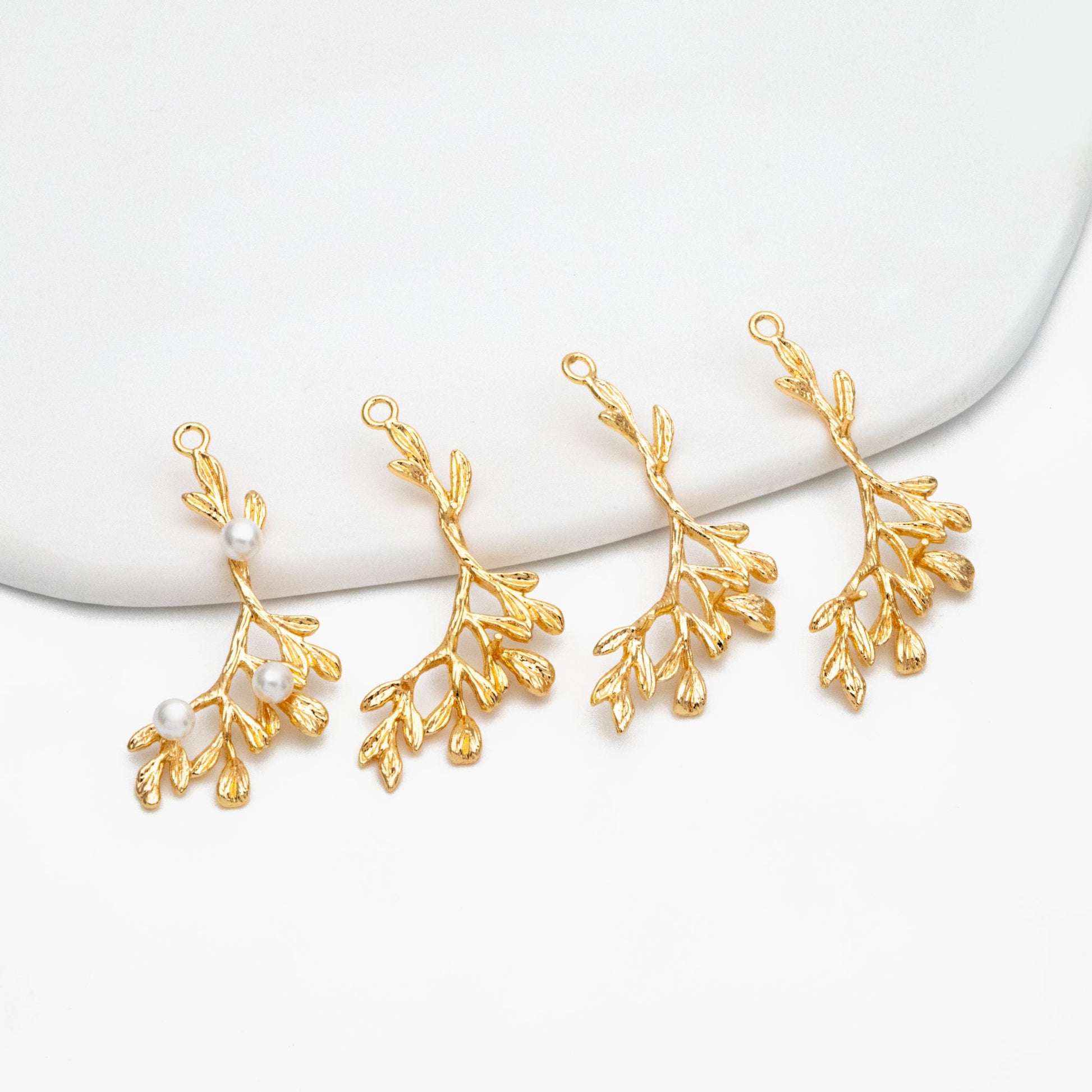 10pcs Gold plated Brass Branch Leaf Charm Pendants 38mm, Lead Nickel Free (GB-3622-I)