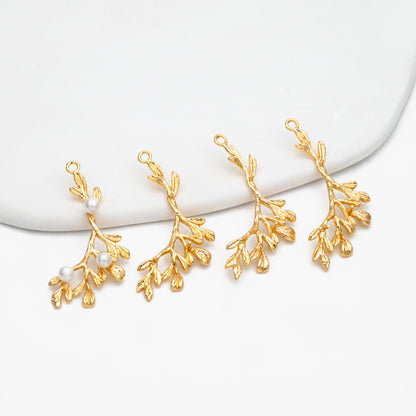 10pcs Gold plated Brass Branch Leaf Charm Pendants 38mm, Lead Nickel Free (GB-3622-I)
