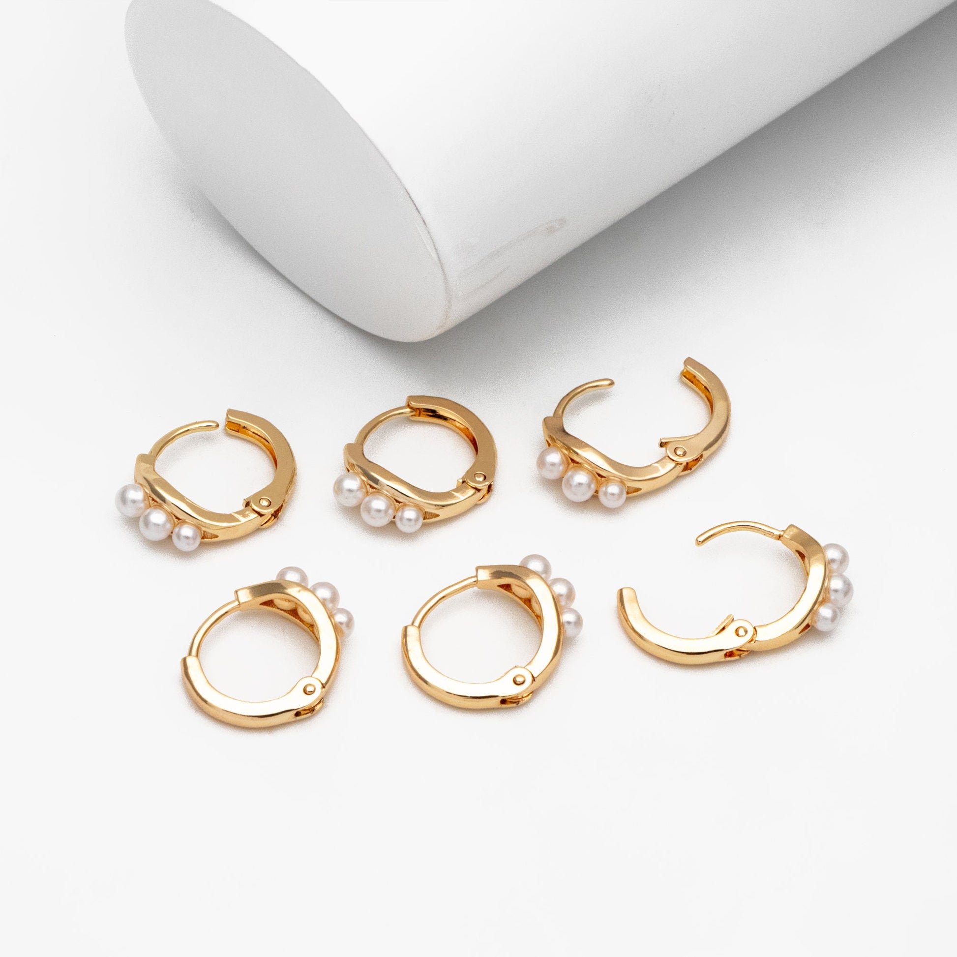 4pcs Faux Pearl Pave Gold Tiny Hoop Earrings, 18K Gold plated Brass, Dainty Huggie Earrings (GB-4461)