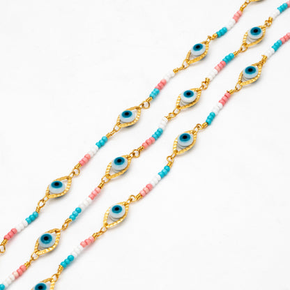 Gold Evil Eye Chain with Seed Beads, 18K Gold plated Brass, Designer Chain Wholesale (#LK-611)/ 1 Meter=3.3 ft
