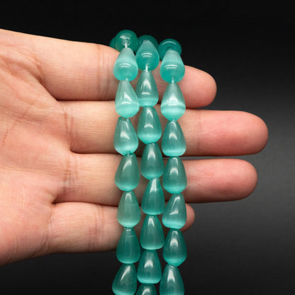 28pcs Green Smooth Teardrop Cat's Eye Beads, 8x12mm, For Jewelry Making (TR-075)