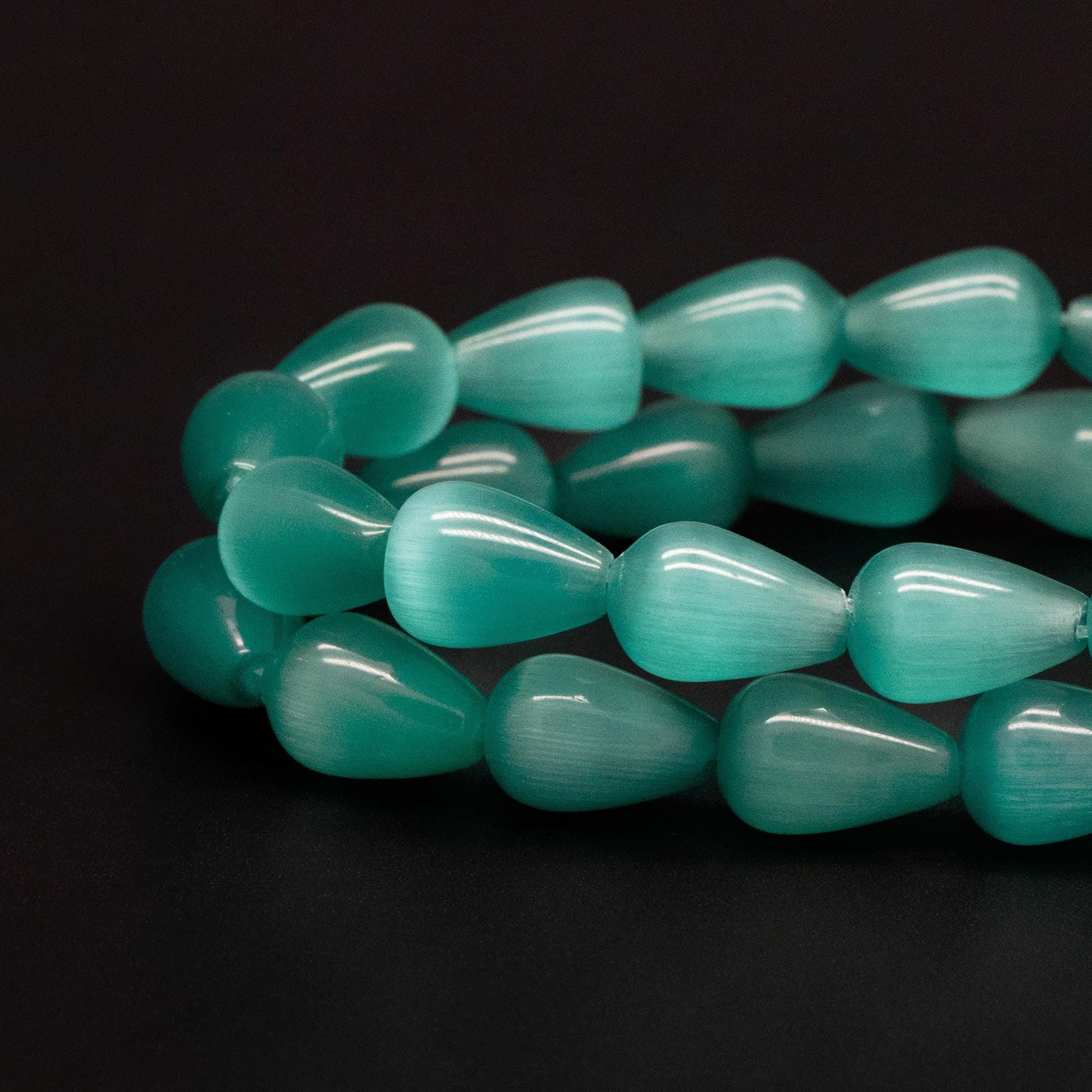 28pcs Green Smooth Teardrop Cat's Eye Beads, 8x12mm, For Jewelry Making (TR-075)