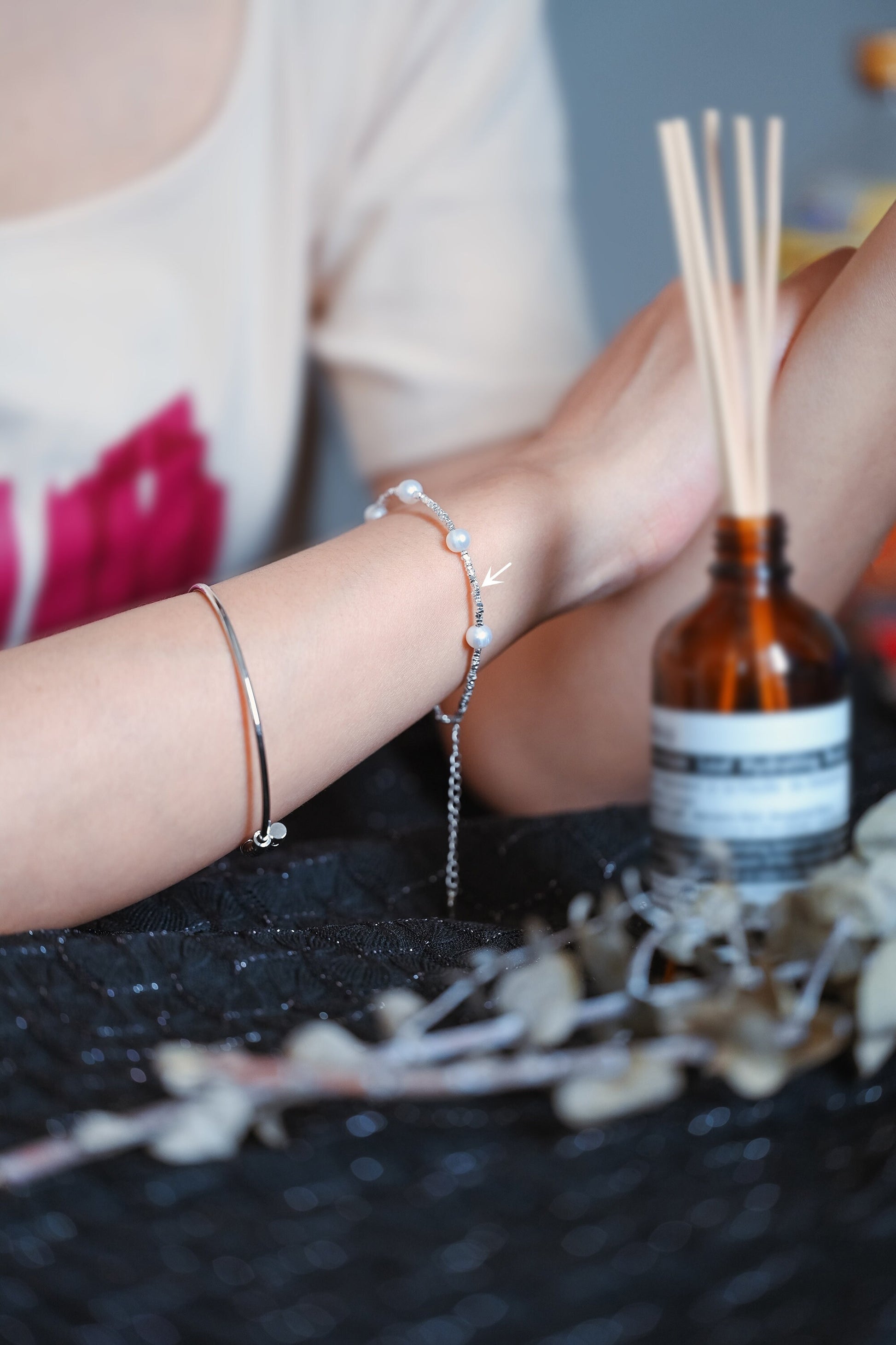 Sterling Silver Beaded Bracelet with Natural Pearls, Adjustable Solid .925 Silver Bracelets (CY-055)