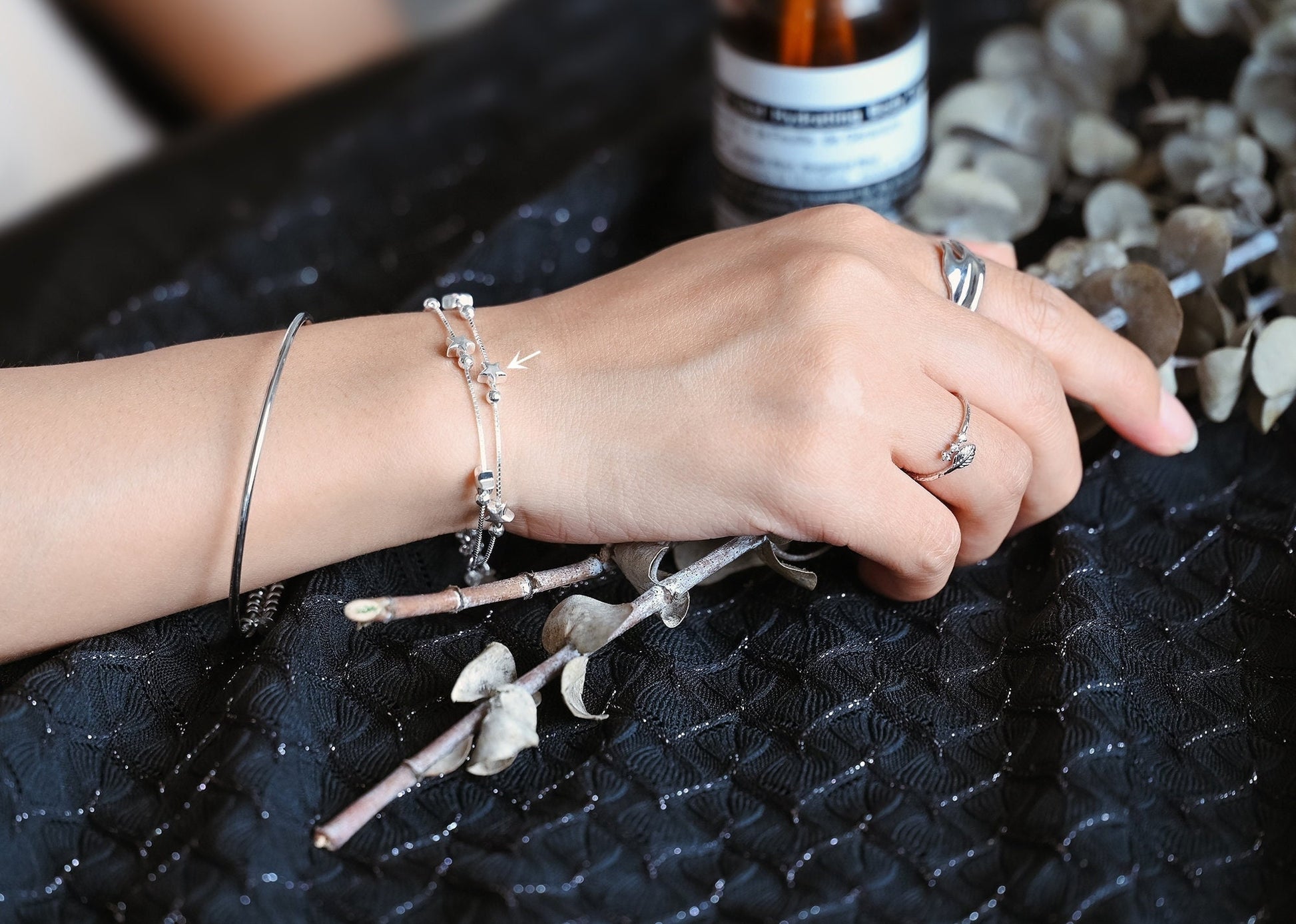 Sterling Silver Double Layer Star Bracelet, .925 Silver Adjustable Bracelet, Dainty Bracelet (CY-056)