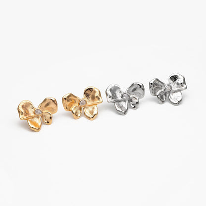 4pcs CZ Pave Gold/ Silver Tone Bowknot Earrings, 18K Real Gold/ Rhodium plated Brass, Flower Stud Earrings (GB-4493)