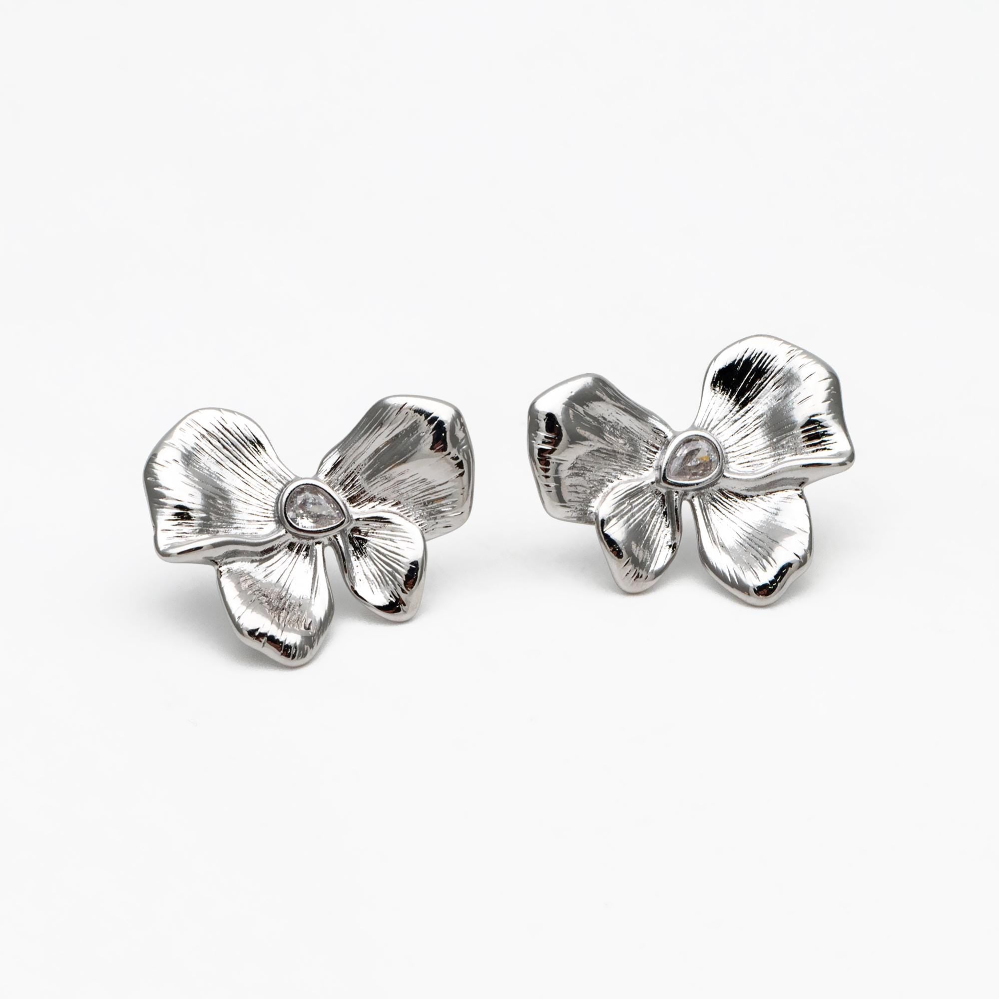 4pcs CZ Pave Gold/ Silver Tone Bowknot Earrings, 18K Real Gold/ Rhodium plated Brass, Flower Stud Earrings (GB-4493)