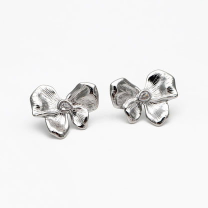 4pcs CZ Pave Gold/ Silver Tone Bowknot Earrings, 18K Real Gold/ Rhodium plated Brass, Flower Stud Earrings (GB-4493)