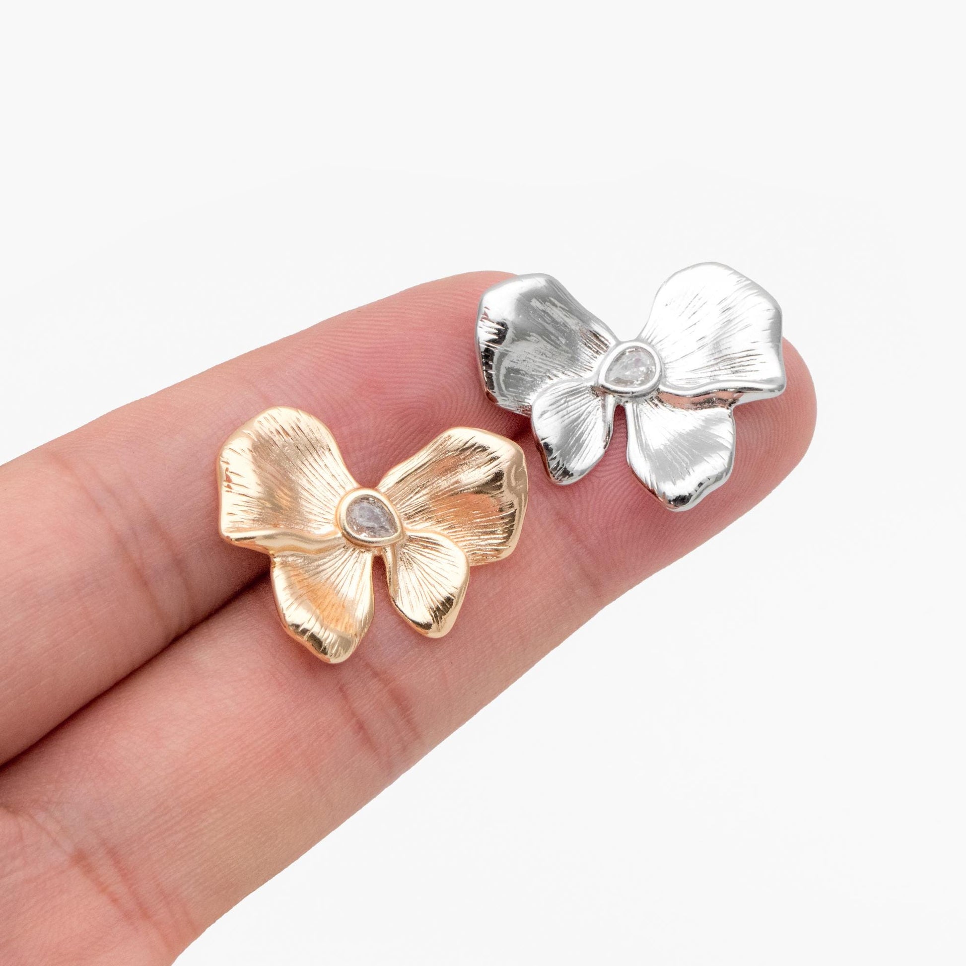 4pcs CZ Pave Gold/ Silver Tone Bowknot Earrings, 18K Real Gold/ Rhodium plated Brass, Flower Stud Earrings (GB-4493)